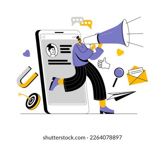 Un gerente con un megáfono sale de su teléfono móvil para promocionarse en las redes sociales. Ilustración vectorial sobre el tema de la promoción en las redes sociales.