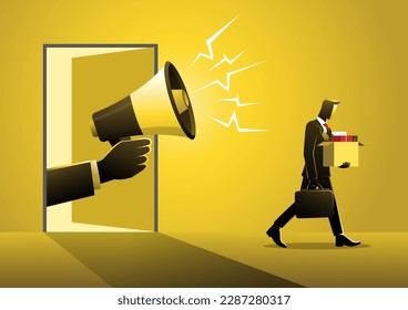 Manager with a megaphone fired businessman. Downsizing concept