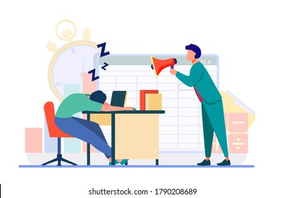 Manager with megaphone shouting at sleepy employee. Tired office worker, angry boss flat vector illustration. Exhaustion, fatigue concept for banner, website design or landing web page