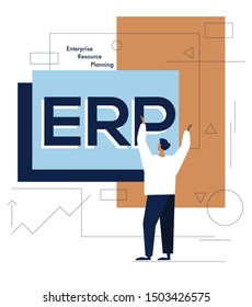 Manager men uses ERP for growing and scaling business. Flat vector illustration