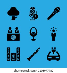 manager, microphone, tree, electric car, microphone, news reporter, chair, sound system and oboe vector icon. Simple icons set