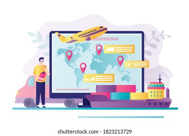 Manager monitors the delivery of parcels. Ship full of various cargo. Concept of logistics, transportation and worldwide shipping. Map with destinations on computer screen. Flat vector illustration