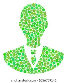 Manager mosaic of dots in different sizes and fresh green color hues. Vector circle elements are composed into manager mosaic. Fresh vector illustration.