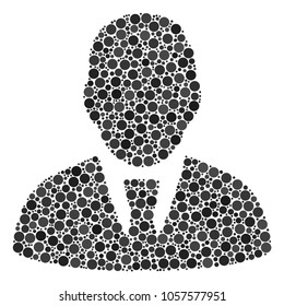 Manager mosaic of filled circles in variable sizes and color shades. Dots are combined into manager vector collage. Vector design concept.