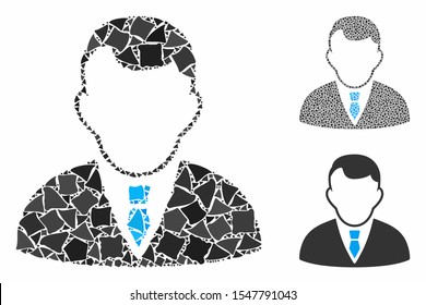 Manager mosaic of rugged parts in different sizes and color tones, based on manager icon. Vector rugged items are grouped into composition. Manager icons collage with dotted pattern.