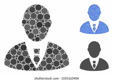 Manager mosaic of small circles in various sizes and color tinges, based on manager icon. Vector small circles are grouped into blue mosaic. Dotted manager icon in usual and blue versions.