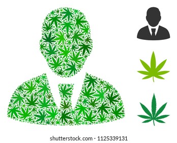 Manager mosaic of weed leaves in various sizes and green shades. Vector flat cannabis leaves are composed into manager mosaic. Addiction vector design concept.