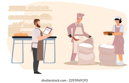 Manager observing working process of Flour purifying with colander, flour filter, strainer for separating sands, riddle in restaurant kitchen. Bread Baking Industrial Process. Workers Mixing Flour.