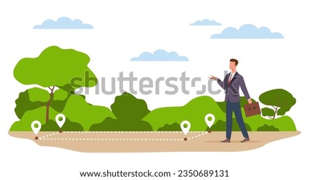 Manager offers for sale plot of land. Real estate agent. Empty area for construction. Place with boundary line to show location. Rent or buy property. Cartoon flat style vector concept