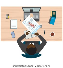 Manager or office clerk sitting at workplace. Hand gives document about dismissal. Paper with stamp- fired. Discrimination, inequality. Top view, african american employee. Flat vector illustration