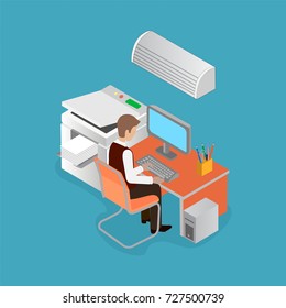 Manager in the office with equipment working at the computer, view from the back. Isometric vector illustration.