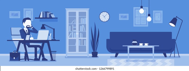 Manager in office, modern business workspace interior. Businessman working in room, light design and furniture solution for beauty and workplace functionality. Vector illustration, faceless characters