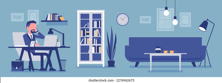 Manager in office, modern business workspace interior. Businessman working in room, light design and furniture solution for beauty and workplace functionality. Vector illustration, faceless characters