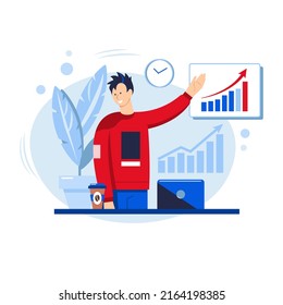 Manager in the office shows the graph growth bar chart and have a coffee and laptop on the table
