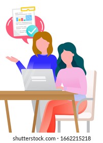 Manager and office worker have business appointment. People on meeting discussing about strategy and project planning. Two women working on laptop on new startup. Vector illustration in flat style
