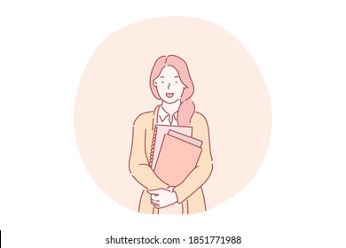 Manager, office worker, student, teacher, assistant, secretary concept. Young smiling woman cartoon character standing and holding heap of work documents in hands. Marketing specialist, career, job