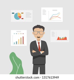 Manager, office worker studying infographic, analysis of market. Financial charts, diagrams, graphs, curves, growth, progress. Business concept.  Vector isolated illustration