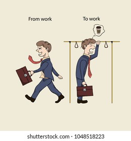 Manager, office worker in a suit. Goes to work on the bus. Comes home from work. Beige background. Dreams of coffee.