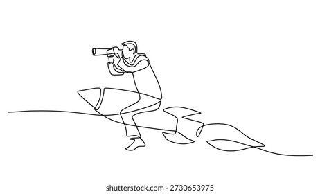 Gerente en un cohete con binoculares dibujo de línea minimalista. Visión empresarial y Ilustración vectorial de búsqueda de startups empresariales.