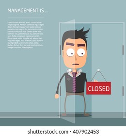 Manager opens the door. Signboard "closed".