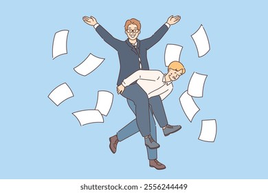 Manager oppresses unfortunate clerk and feels superior, rides on back of subordinate and throws papers. Happy corporate director oppresses workers and violates people rights due to lack of union