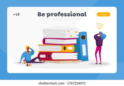 Manager Paperwork Occupation, Deadline Landing Page Template. People with Heap of Paper Documents in Very Busy Day. Business Characters Office Employees Bureaucracy Work. Cartoon Vector Illustration