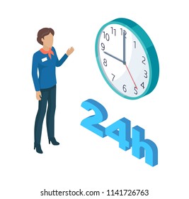Manager person and clock showing time 3d isometric icons set. Service every day night professional worker with handkerchief on neck isolated on vector