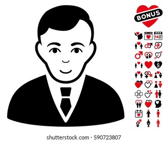 Manager pictograph with bonus romantic pictures. Vector illustration style is flat iconic intensive red and black symbols on white background.