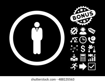 Manager pictograph with bonus symbols. Vector illustration style is flat iconic symbols, white color, black background.