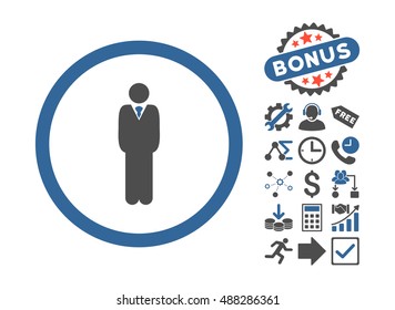 Manager pictograph with bonus symbols. Vector illustration style is flat iconic bicolor symbols, cobalt and gray colors, white background.
