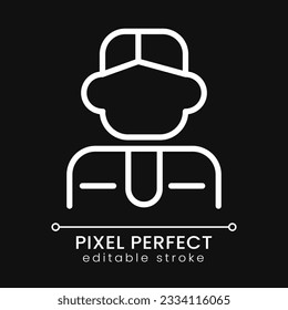 Manager pixel perfect white linear icon for dark theme. Company employee. Business specialist. Office worker Thin line illustration. Isolated symbol for night mode. Editable stroke. Poppins font used