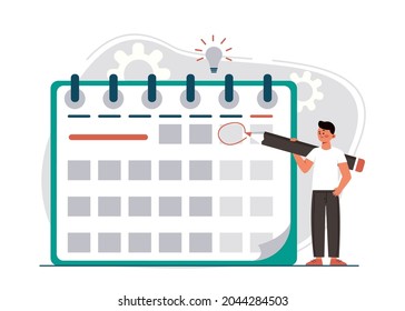 Página de inicio del evento de planificación del administrador en estilo plano. Hombre con lápiz la fecha de designación del evento y anotar en el calendario. Ilustración de vectores para el programa, la agenda, la gestión del tiempo