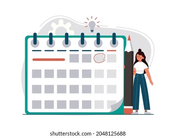 Manager planning event landing page in flat style. Woman with pencil appointing date of event and making note in calendar. Vector illustration for schedule, agenda, time management