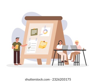 Manager plans work for his employees. Ladies sitting at table and working on laptops. Group of employees increasing productivity and efficiency in business. Modern coworking space. Vector flat