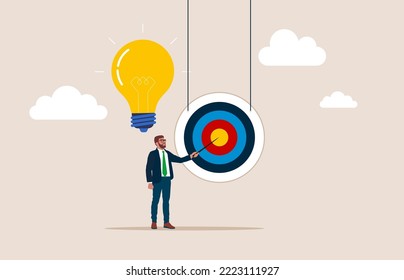 Manager pointing at center of bullseye archery target. Specific goal, concentrate on purpose to win business mission, aiming at target. Flat vector illustration. 