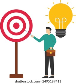 Manager pointing at center of bullseye archery target. Specific goal, concentrate on purpose to win business mission, aiming at target. Flat vector illustration.

