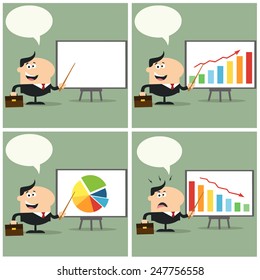 Manager Pointing To Chart On A Board With Speech Bubble. Flat Style Vector Collection Set