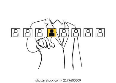 Manager Pointing To An Employee Profile. Concept Of Hiring, Promoting, Selecting Employee. Vector Illustration Design.