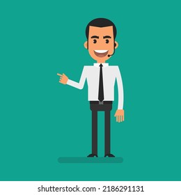 El gerente señalando con el dedo y sonriendo. Gente plana. Ilustración vectorial