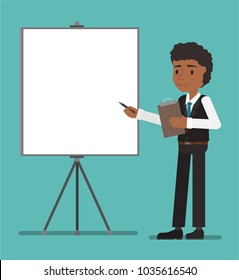 The manager points to the demonstration stand during the presentation. Vector illustration. Suitable for animation (individual elements)
