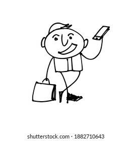 Manager with a portfolio and the mobile phone. A hand-drawn character. Stick figure. Doodle illustration