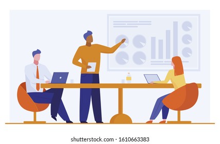 Manager presenting report to colleagues. Business team discussing graphs flat vector illustration. Analysis, marketing, teamwork concept for banner, website design or landing web page