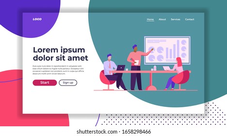 Administrador que presenta el informe a sus colegas. Equipo de negocios discutiendo gráficos de ilustración plana vectorial. Análisis, marketing, concepto de trabajo en equipo para banner, diseño de sitios web o página web de inicio