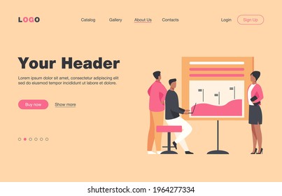 Manager presenting report to colleagues, partners, investors. Diagram, bar chart, graph flat vector illustration. Business presentation, analysis concept for banner, website design or landing web page