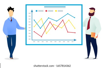 Manager presenting schema with diagrams for boss. Men stand near chart with graphic line on board about business project. Office workers on presentation of plan. Vector illustration in flat style