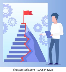 Manager presenting strategy of business success on steps symbol with flag on top. Setting and support of professional worker man. Businessman learning online of leadership plan and progress vector