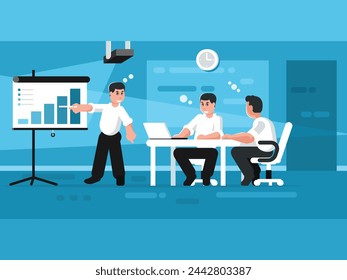 Manager presents a quarterly report using the video projector in the meeting room. Vector graphics