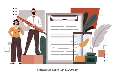 Manager prioritizing concept. Task and time management, organizing effective work process. Man and woman work at common project. Deadline setting. Cartoon flat vector illustration