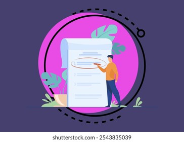 Manager prioritizing tasks in to do list. Man taking notes, planning his work, underlining important points. Vector illustration for agenda, checklist, management, efficiency concept