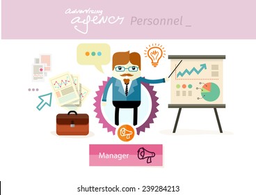 Manager profession. Man manager talking and holding a pointer and show graphs on tripod stand. Workplace office desk. Business man on presentation. Flat design illustration